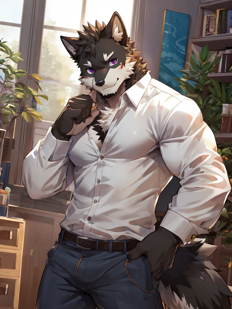 embedding:black wolf, male,purple eyes,Scar on the face, scar on the body,Single person，The fur on the chest and abdomen is white.Inside the apartment,Elder brother.Modern apartment, clean and tidy.casual Shirt，Casual pants,Formal, everyday,A mild expression,Maturity,The highest quality of scene detail,adult,Tall and powerful,muscle，Best quality hands, best quality eye，detailed fur，Delicate eyes.Extreme picture quality，by sollyz,by zixiong,by milkytiger1145