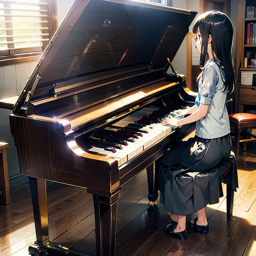 A girl practicing the piano. Generate a piano so that it faces the right way. Generate a piano so that a girl is playing it in the right way.