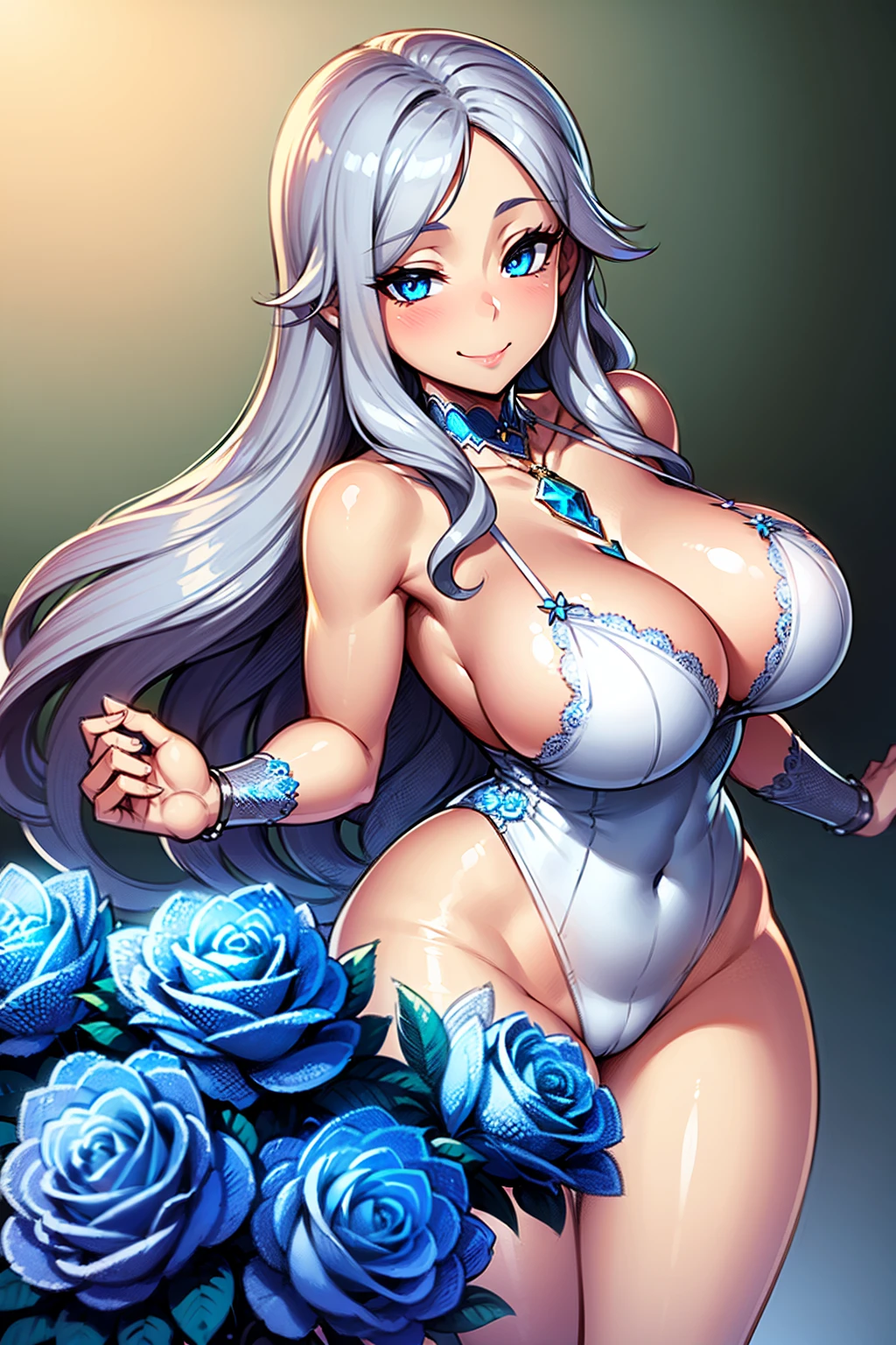 (((1 woman))), ((detailed blue eyes)), ((long silver hair)), large breasts, curvy hips, perfectly drawn body, seductive smile, wearing white jeweled lingerie, adorned with blue roses, best quality, masterpiece, ultra-detailed