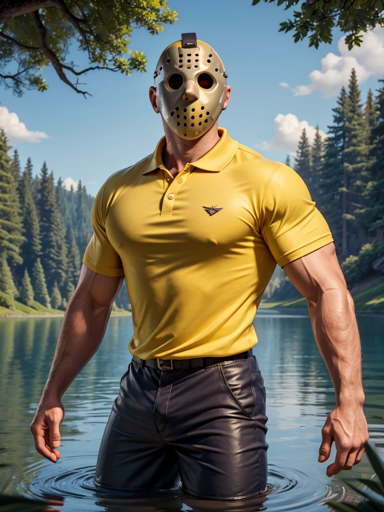 (masterpiece, 4K, ultra detailed), Jason Voorhees, single, masculine, light skin, jason's white hockey mask, bald, sexy, muscular, forest, lake, sunny, smooth lining, smooth shading, yellow polo-shirt, scarlet swim trunks, cartoony