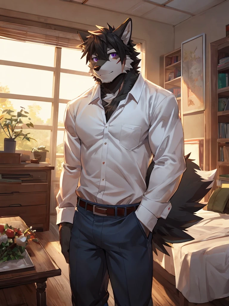 embedding:black wolf, male,purple eyes,Scar on the face, scar on the body,Single person,The fur on the chest and abdomen is white.Inside the apartment,Elder brother.Modern apartment, clean and tidy.casual Shirt,Casual pants,Formal, everyday,A mild expression,Maturity,The highest quality of scene detail,adult,Tall and powerful,muscle,Best quality hands, best quality eye,detailed fur,Delicate eyes.Extreme picture quality,by sollyz,by zixiong,by milkytiger1145