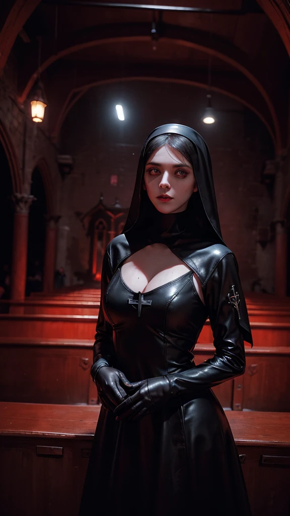 raw, analog) (gothic nun ), set in the 1990's, surreal make up, leather clothes inside a gothic church at night, neon lights, very dark, horror, red shades, chaos, sinister, high details, ultra realistic, SonyA7III, cinematic lighting, film, grain, UHD faces, volumetric shadow, insanely detailed,