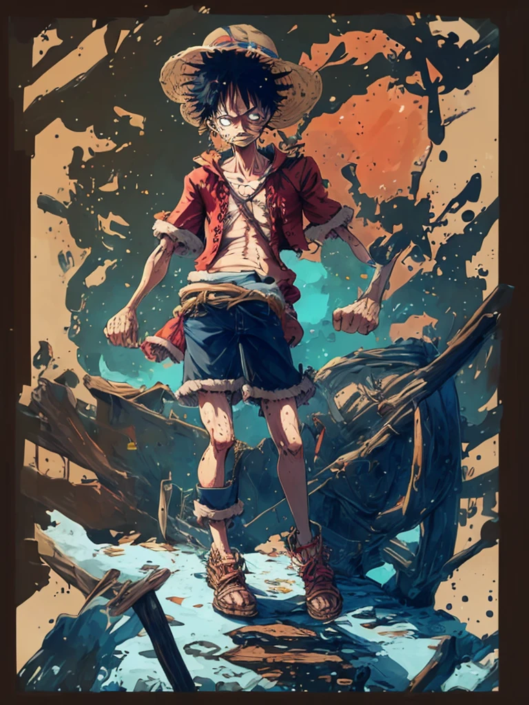 painterly style, badass male character looking like the fusion between Luffy and a Saiyan at war, character design, body is adorned with glowing yellow runes, yellow aura around him, body dynamic epic action pose, intricate, highly detailed, epic and dynamic composition, dynamic angle, intricate details, multicolor explosion, blur effect, sharp focus, uhd, hdr, colorful shot, stormy weather, tons of flying debris around him, dark city background, modifier=CarnageStyle, color=blood_red, intensity=1.6