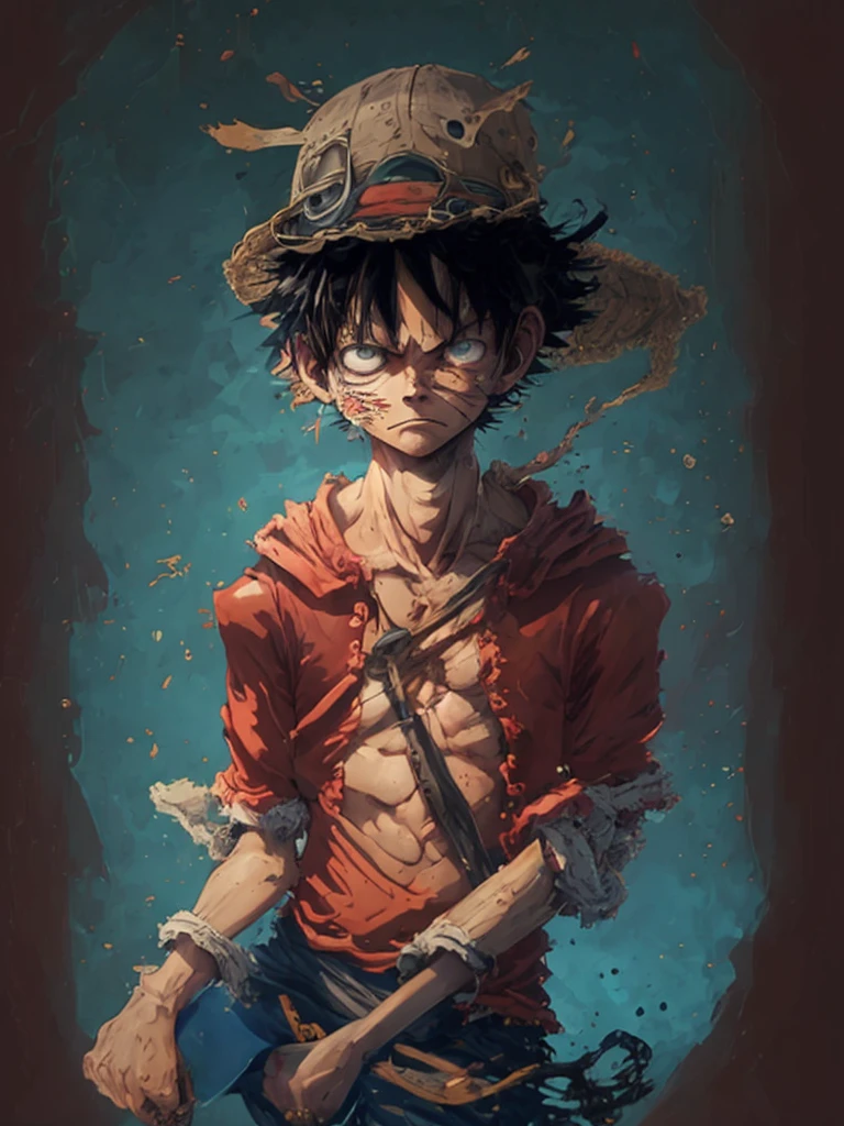 Create an image of Monkey D. Luffy, the protagonist of "One Piece." He is a 19-year-old pirate captain with a lean, muscular build, lightly tanned skin, and messy black hair. His expressive black eyes should convey his cheerful and carefree nature. Luffy is wearing his iconic wide-brimmed straw hat with a red band, a red open-buttoned vest or sleeveless shirt, blue knee-length shorts with a frayed hem, and simple brown sandals. He has a yellow sash tied around his waist and a distinctive scar under his left eye.