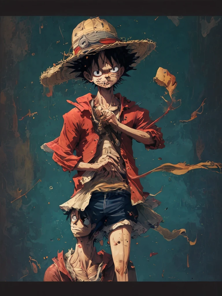 Create an image of Monkey D. Luffy, the protagonist of "One Piece." He is a 19-year-old pirate captain with a lean, muscular build, lightly tanned skin, and messy black hair. His expressive black eyes should convey his cheerful and carefree nature. Luffy is wearing his iconic wide-brimmed straw hat with a red band, a red open-buttoned vest or sleeveless shirt, blue knee-length shorts with a frayed hem, and simple brown sandals. He has a yellow sash tied around his waist and a distinctive scar under his left eye.