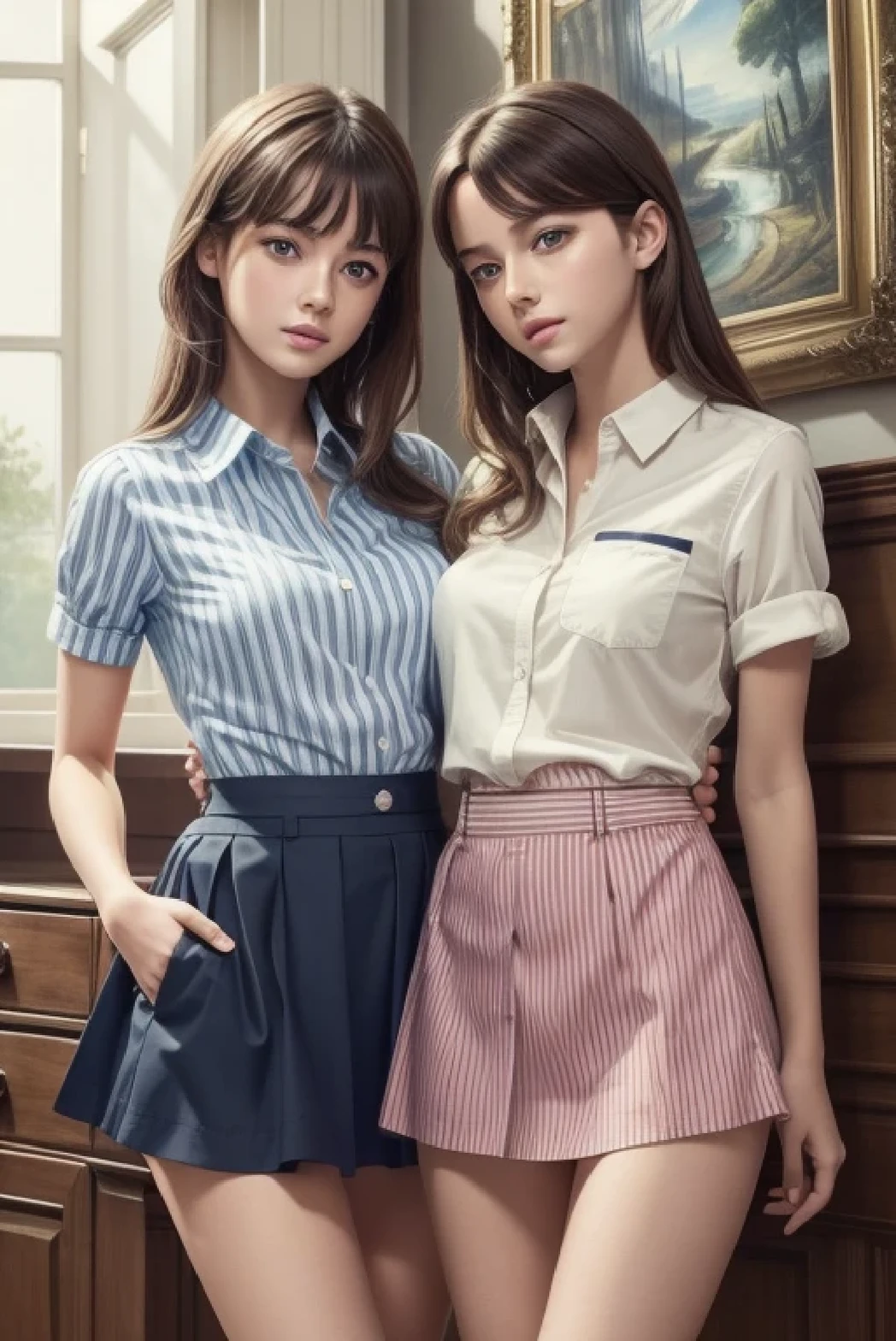 CGSociety Trends, masterpiece, The shirt is buttoned up to the top, (((masterpiece, Highest quality))), a girl is leaning towards a girl that has her arm around her, 1girl, striped, underwear, panties, skirt, striped panties, blue eyes, brown hair, blush
