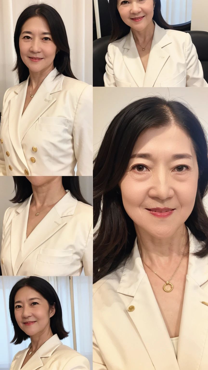 60-year-old female， Soft headlight，High-density imaging，（Clean and delicate face），((Looking to the side))，((White suit))，((Various dynamic poses))，((((Half-length photo))))，((White curtains in the background))，best quality，masterpiece，（Soft colors：1.2）