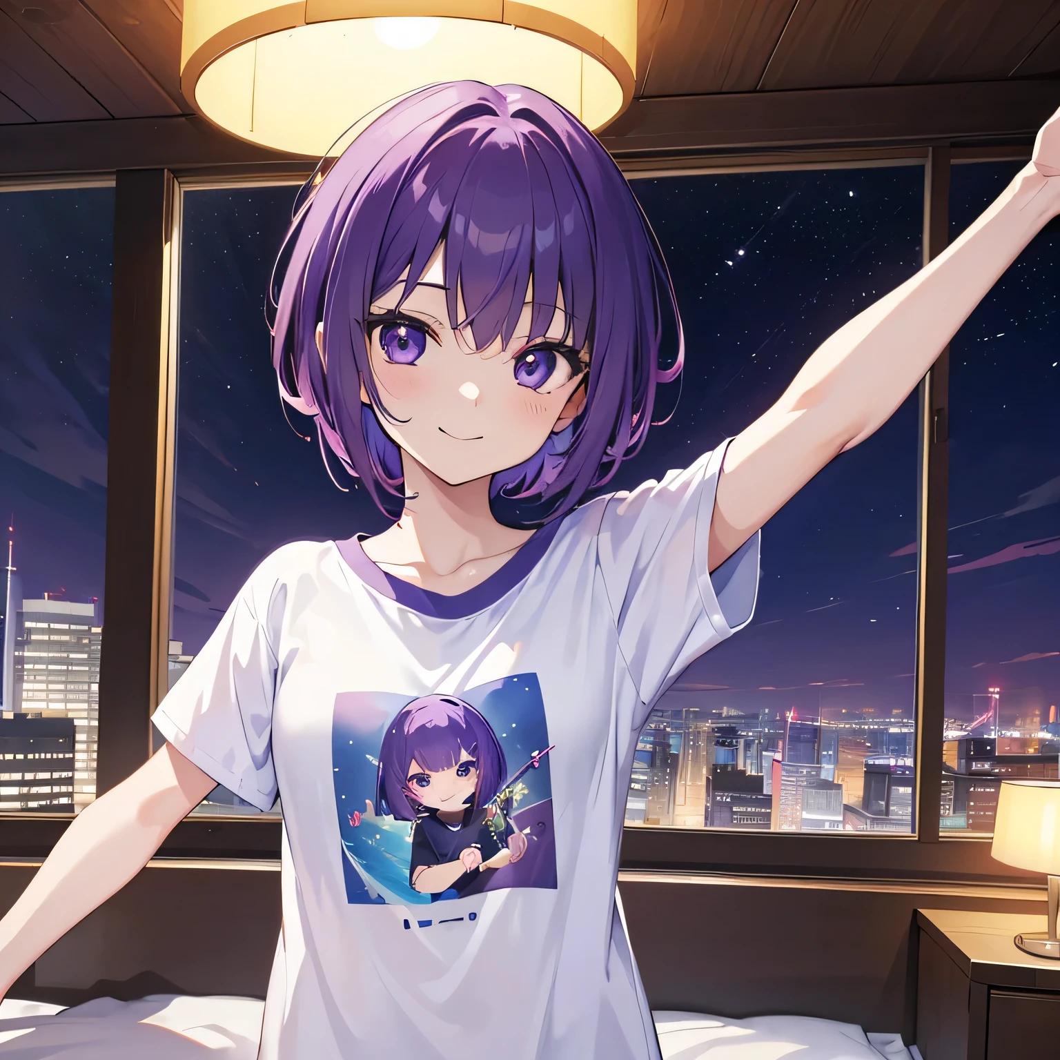 (T Masterpiece，4k wallpaper，Best Quality))、((girl１people))、(solo)、Bright and Brilliant，(Purple Hair)、(short hair:1.3)、smile、Bedroom、T-Shirts、night