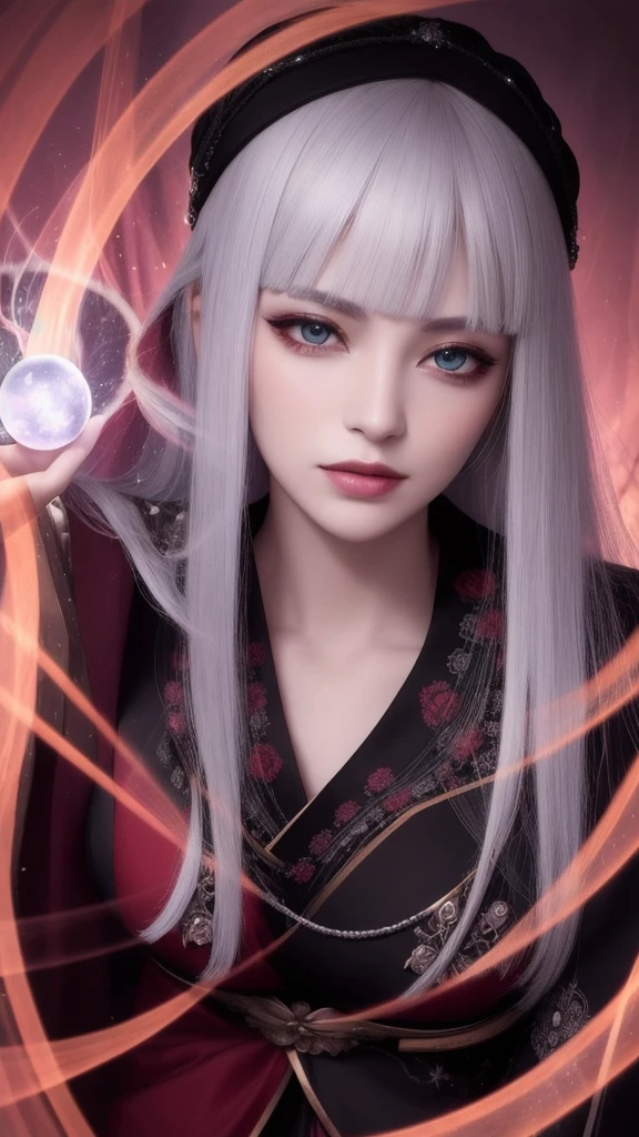 (masterpiece, top quality, 1 female, solo, exquisite details, chromatic aberration), (realistic), (skin), ((breathing)), (silver hair, blunt bangs, short cut straight long hair, short cut bangs, silver hair), beautiful hair, red headdress, blue highlights, hair over one eye, cute eyes,purple eyes, thick lips, earrings, piercing eyes, ((pink and white kimono)), ((symmetrical eyes)), ((perfectly symmetrical body)), ((perfectly symmetrical hands)), (purerosface_v1:0.3), night, (((self, natural light))), bright lighting, flowers blooming in the background, front of viewer, ((central shot, from the front, (face and waist))), mysterious atmosphere, flowers blooming around, light colored background, fortune teller in kimono, beautiful fortune teller, fortune teller, dark fantasy female fortune teller, female fortune teller, f Fantasy photography, magician, witch fairy tale, Japanese style, elegant cinematic fantasy art, fantasy woman, magician portrait, casting a spell, fortune teller, unsexy kimono, A powerful wizard stands in a mysterious forest, fluttering robes adorned with symbols, holding a glowing heart crystal ball, eyes glowing with mystical energy, spells leaking from his mouth, vivid swirling patterns of black magic pulsating in hues of red and blue appear in the air, magic permeates, flowers bloom and sacred creatures gaze in awe, threads of magical energy dance, revealing hidden realms and unravelling secrets, capturing the essence of this enchanting moment and bringing to life the mysterious power of black magic on a canvas of the highest quality and finest detail. Top Quality, Masterpiece, Ultra High Resolution, (Photorealistic: 1.4), RAW Photo, Sharp Focus, High Resolution, Detailed Skin, .