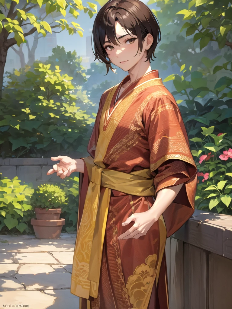 masterpiece, best quality, 1 man, a man with short brown hair, brown eyes, wearing batik clothes on garden set loking at viewer,