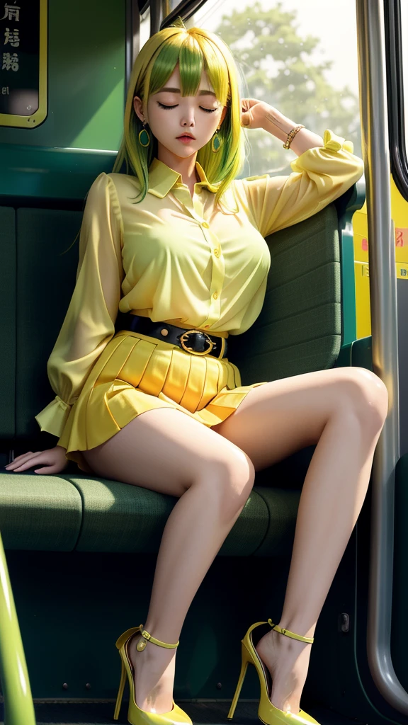 20th generation women,,Clear images、Real women　、Yellow Green Hair, Side Tail 彼女 is fast asleep with his eyes closed and his mouth open., Slender figure ,Breasts are a little bigger than normal , Full body shot from head to toe, Shiny yellow-green high heels、 blouse、mini skirt、Large ring earrings, Sit down in the back of the bus, 、I threw my head back and fell into a deep sleep..,My arms are hanging down. I&#39;m weak and want to sleep..Her knees are open and her underwear is visible., Both feet are on the floor, sleeping face, close your eyes, Mouth wide open and drool、tilt your head back and look up, You can rest your head on the seat and sleep soundly.., Anatomically correct,A composition looking up from directly in front 