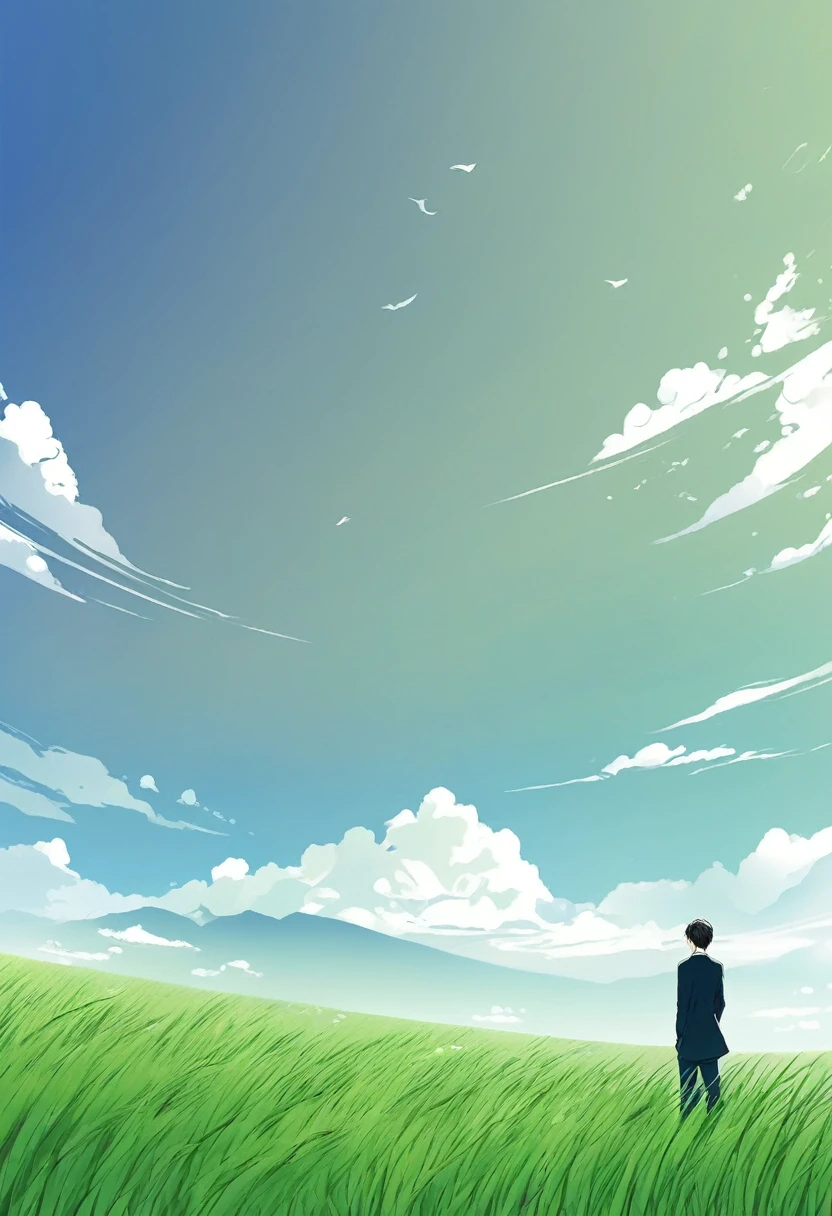 handsome man, under the blue sky and green grassland, manga style,