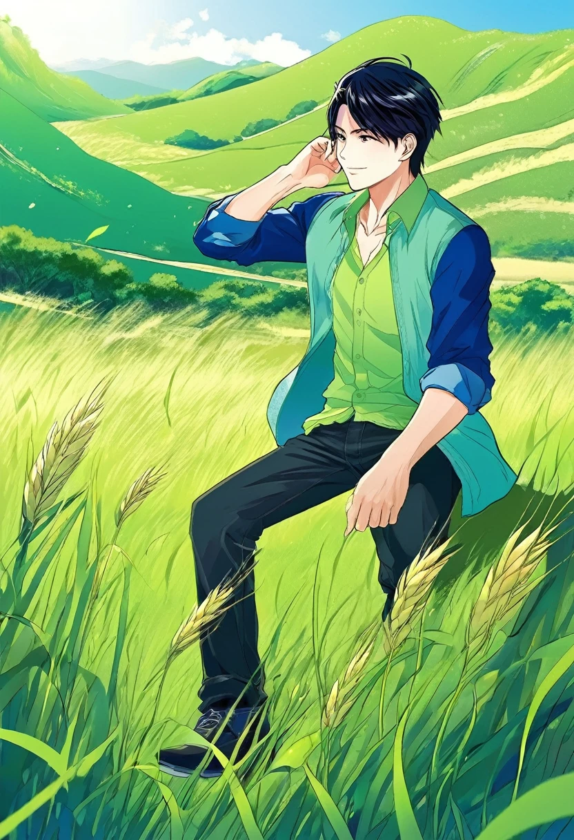 handsome man, under the blue sky and green grassland, manga style,