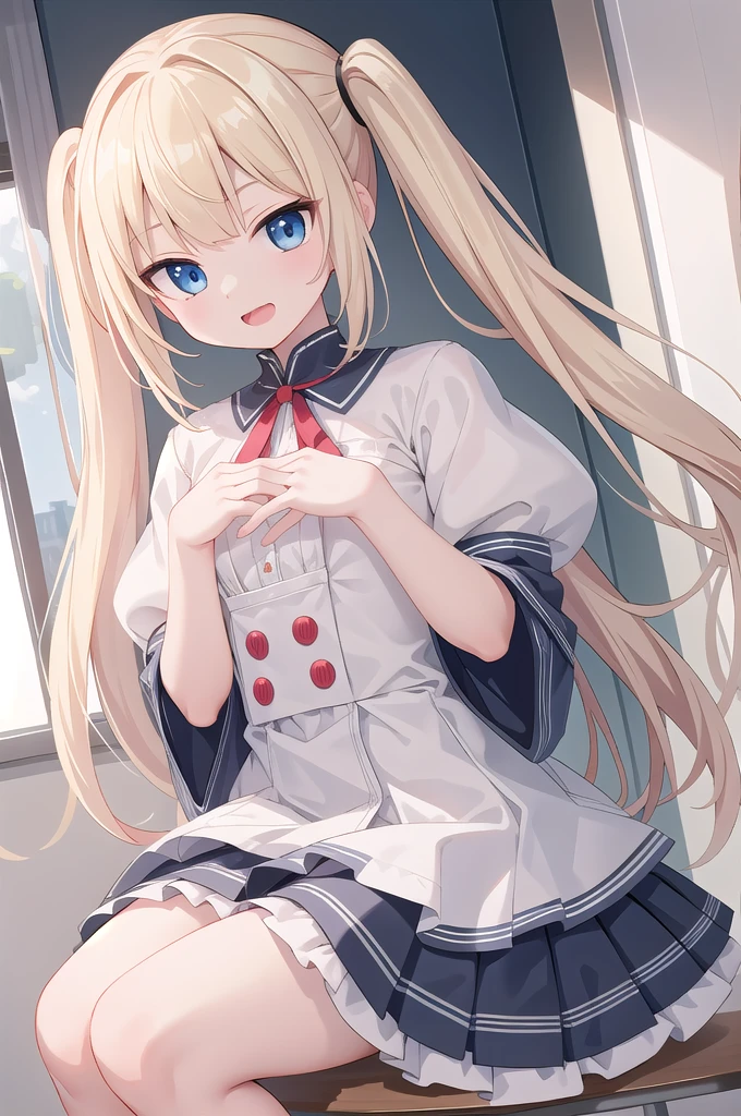 insanely detailed, absurdres, ultra-highres, ultra-detailed, best quality,
1 girl, solo, 16 years old, nice hands, perfect hands,
BREAK,
wearing summer ,
evil smile, open mouth,
sitting,
45 angle, cowboy shot, looking at viewer,
BREAK,
slender, kawaii, perfect symmetrical face, ultra cute girl, ultra cute face, ultra detailed eyes, ultra detailed hair, ultra cute, ultra beautiful,
by Canon EOS, SIGMA Art Lens 35mm F1.4, ISO 200 Shutter Speed 2000,
BREAK,
indoors, in classroom,
blonde hair, twintails, blue eyes