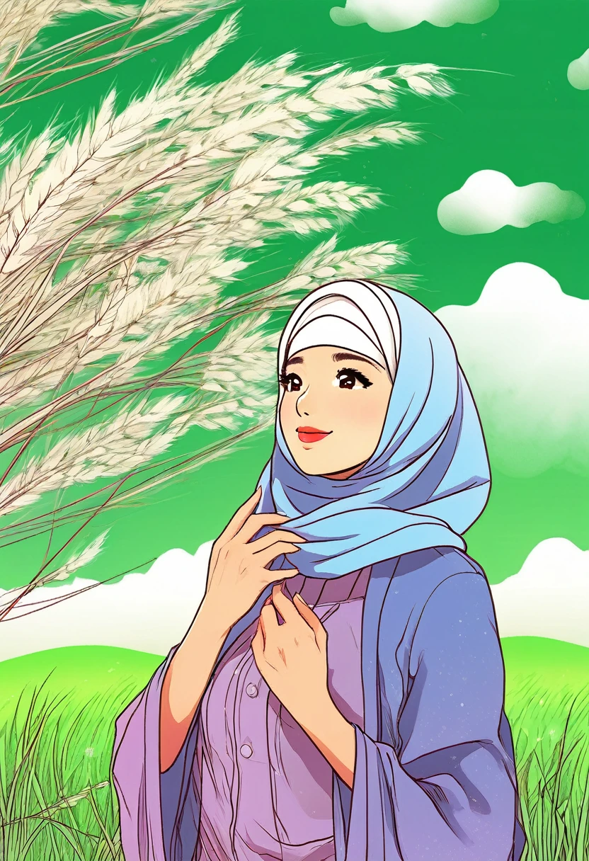 beautiful hijab woman under the blue sky and green grassland, manga style,