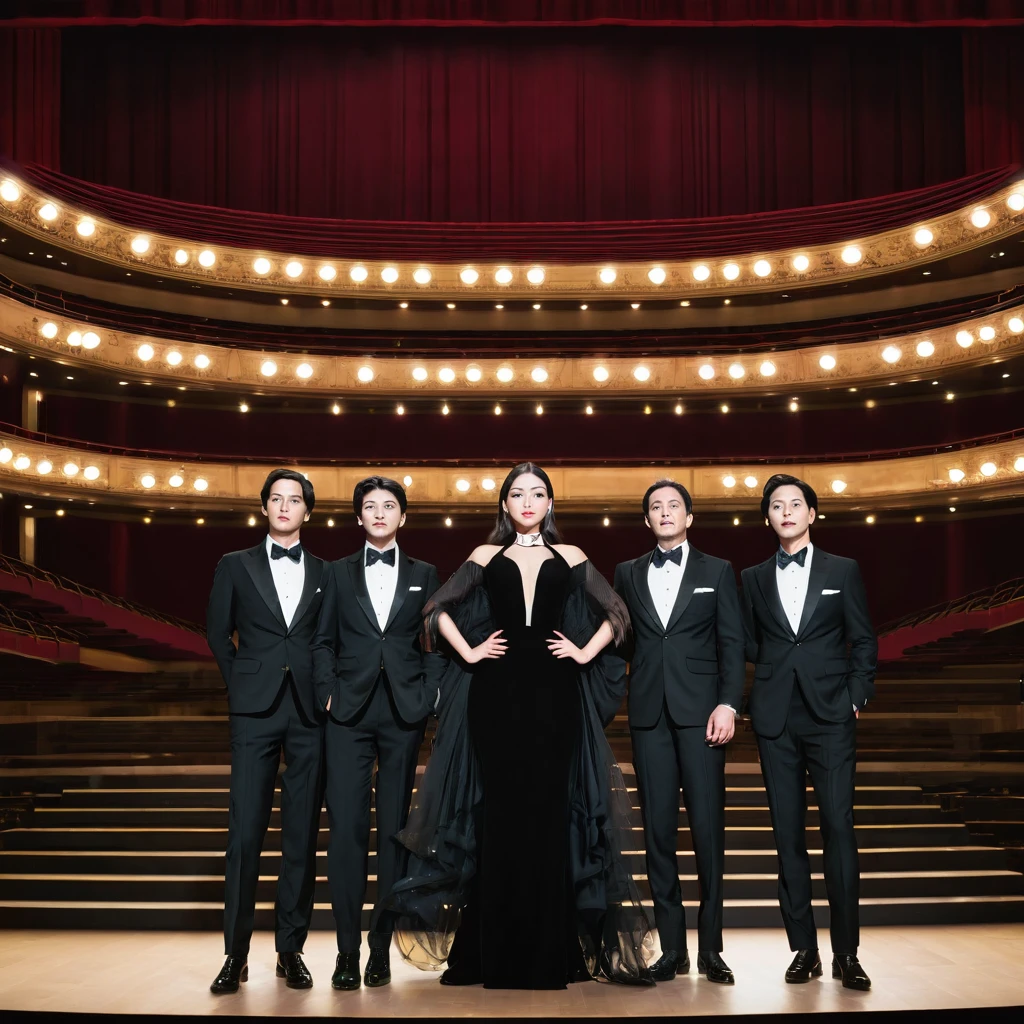 Four man and four woman wearing black suit at opera stage
