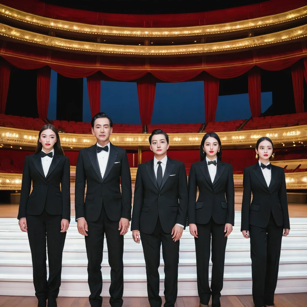 Four man and four woman wearing black suit at opera stage