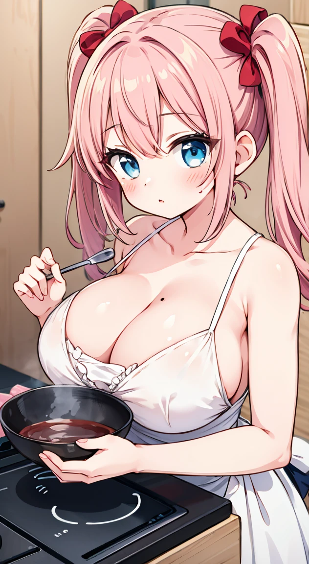 masterpiece, highest quality, (anime screencap:1),(shape), cute,(simple:1), (anime:1.2),Solo Sharp Focus, 1 girl, cleavage,looking at the viewer, Japan,Kitchen ,embarrassing ,pink hair, Twintails hair,(NSFW:1), (big breasts:1.1), Cooking time,(hold 1&#39;thighs:1), (liar:1.2),((Naked apron1.3)),Twintails hair,cute eyes,puffy eyes,heart shaped,wearing nothing but an apron; being nude except for an apron,big ,naked apron,open_clothes,pale skin),cleavage,mole on breast,collarbone,beautiful