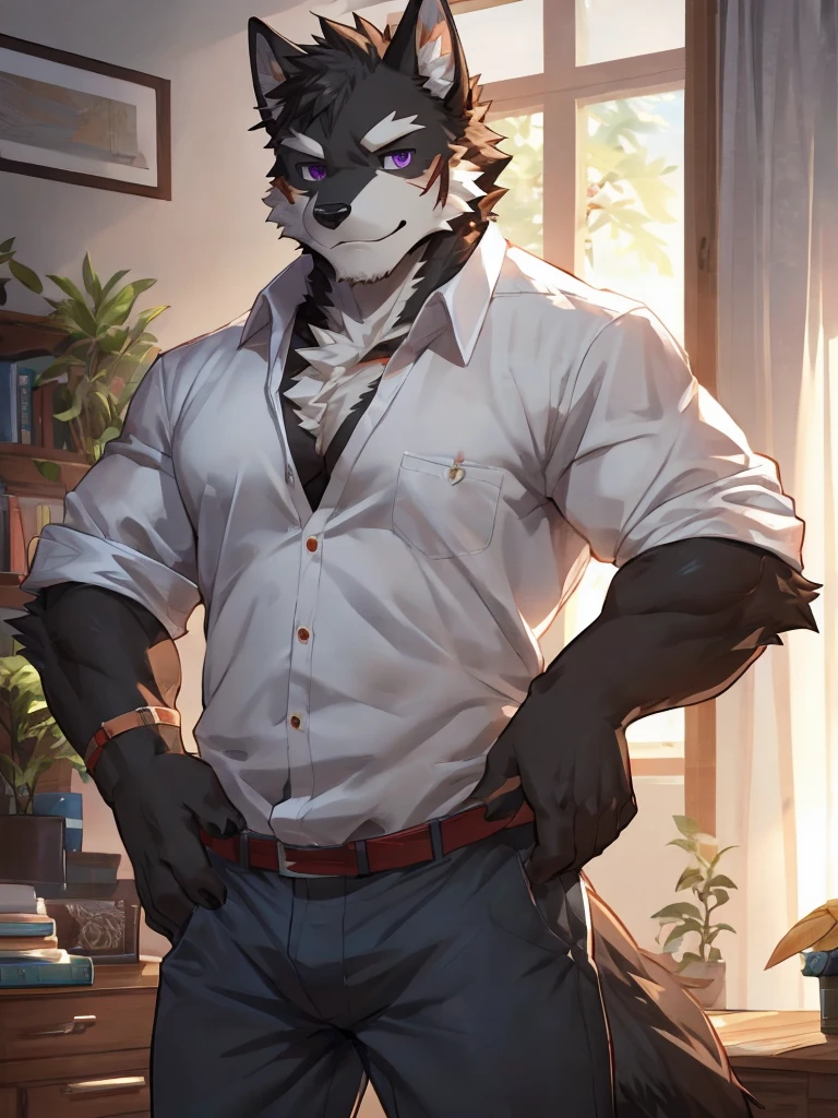 embedding:black wolf, male,purple eyes,Scar on the face, scar on the body,Single person,The fur on the chest and abdomen is white.Inside the apartment,Elder brother.Modern apartment, clean and tidy.casual Shirt,Casual pants,Formal, everyday,A mild expression,Maturity,The highest quality of scene detail,adult,Tall and powerful,muscle,Best quality hands, best quality eye,detailed fur,Delicate eyes.Extreme picture quality,by sollyz,by zixiong,by milkytiger1145