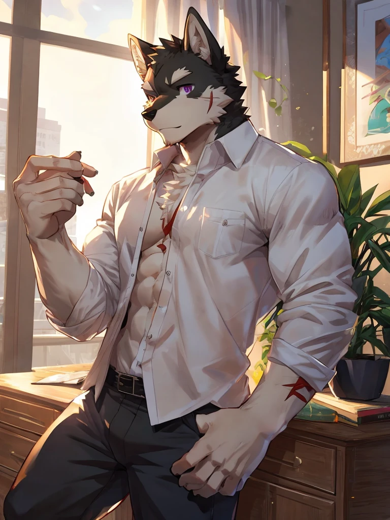 embedding:black wolf, male,purple eyes,Scar on the face, scar on the body,Single person,The fur on the chest and abdomen is white.Inside the apartment,Elder brother.Modern apartment, clean and tidy.casual Shirt,Casual pants,Formal, everyday,A mild expression,Maturity,The highest quality of scene detail,adult,Tall and powerful,muscle,Best quality hands, best quality eye,detailed fur,Delicate eyes.Extreme picture quality,by sollyz,by zixiong,by milkytiger1145