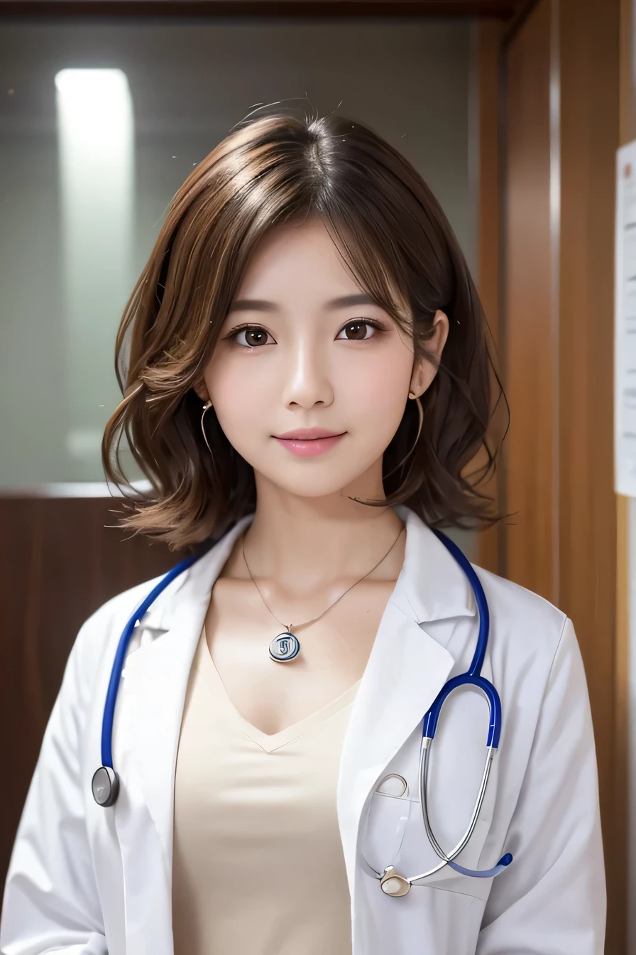 Beautiful young woman、 Japanese women、Light brown hair、Necklace around the neck、White、Doctor's attire、Stethoscope、Wavy Hair、short hair、Intricate details, Very detailed:1.2), 、 Looking into the camera,The background is the examination room...、ear piercing
