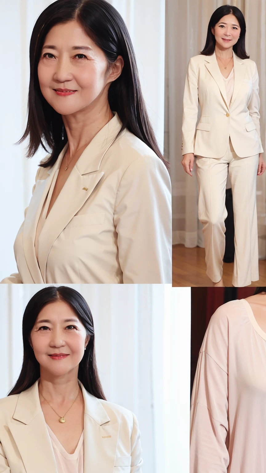 60-year-old female, Soft headlight,High-density imaging,(Clean and delicate face),((Looking to the side)),((White suit)),((Various dynamic poses)),((((Half-length photo)))),((White curtains in the background)),best quality,masterpiece,(Soft colors:1.2)
