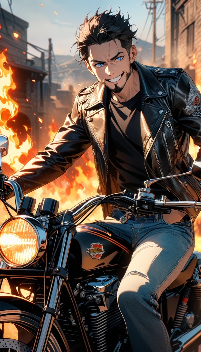 Adult man, short black hair, small beard, blue eyes, black T-shirt, jeans, leather coat, smile, Ghost Rider, motorcycle, chain, fire, Masterpiece, best quality, Full HD, 8k, ultra details, great graphic