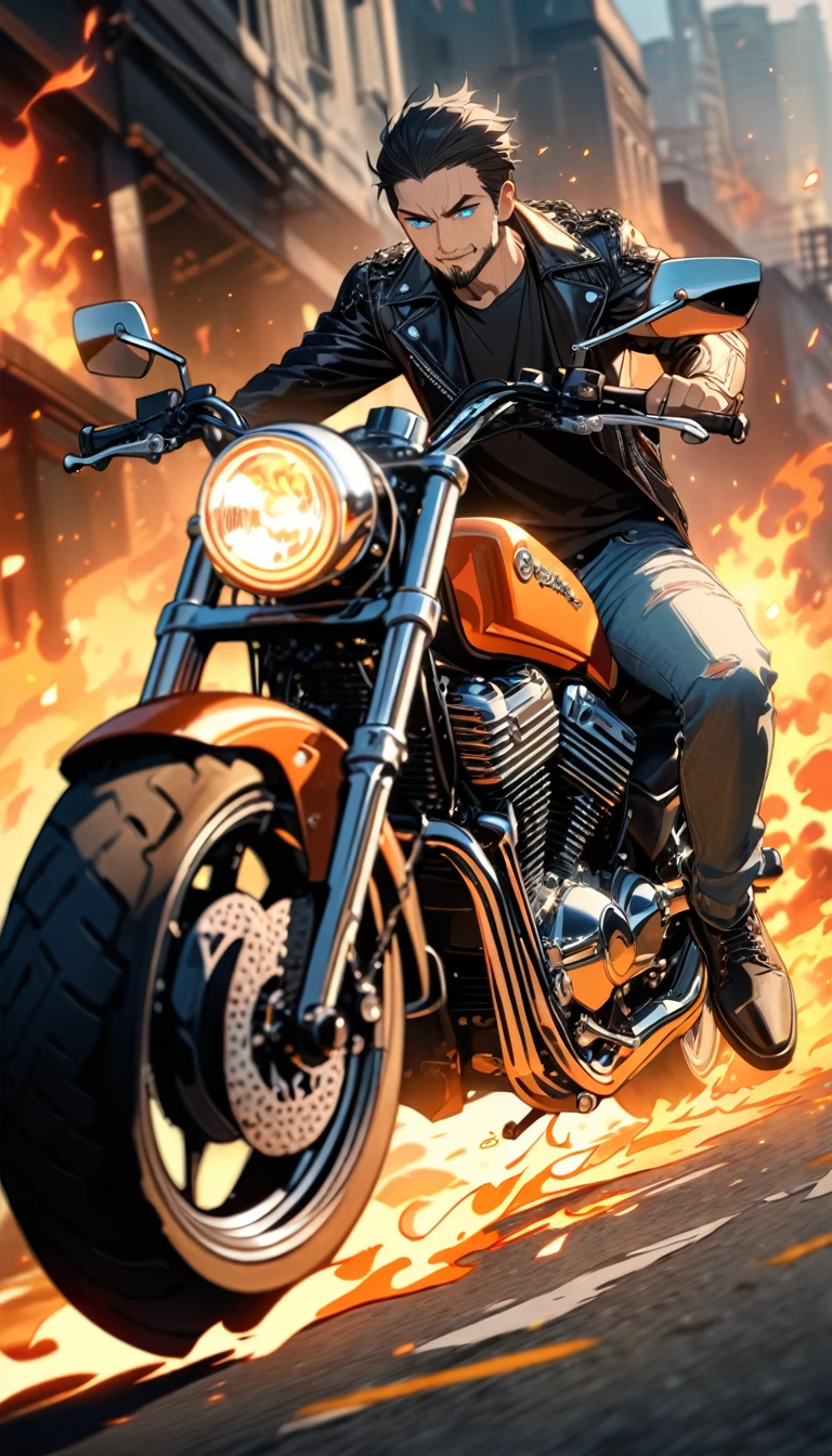 Adult man, short black hair, small beard, blue eyes, black T-shirt, jeans, leather coat, smile, Ghost Rider, motorcycle, chain, fire, Masterpiece, best quality, Full HD, 8k, ultra details, great graphic