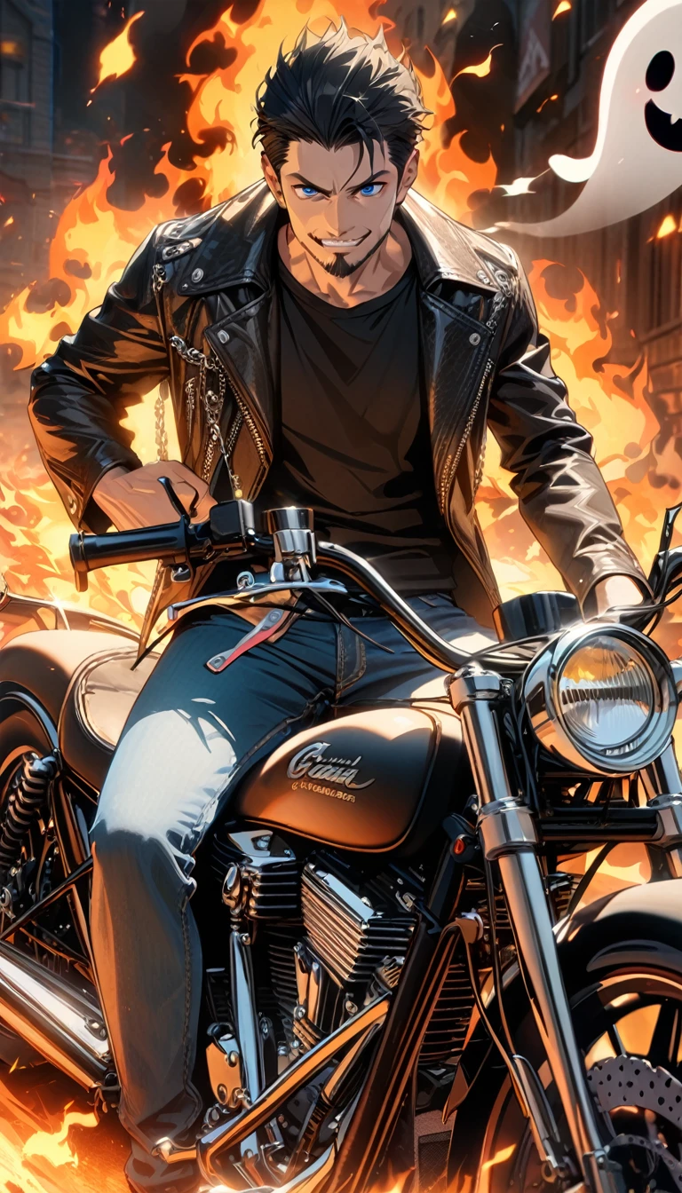 Adult man, short black hair, small beard, blue eyes, black T-shirt, jeans, leather coat, smile, Ghost Rider, motorcycle, chain, fire, Masterpiece, best quality, Full HD, 8k, ultra details, great graphic
