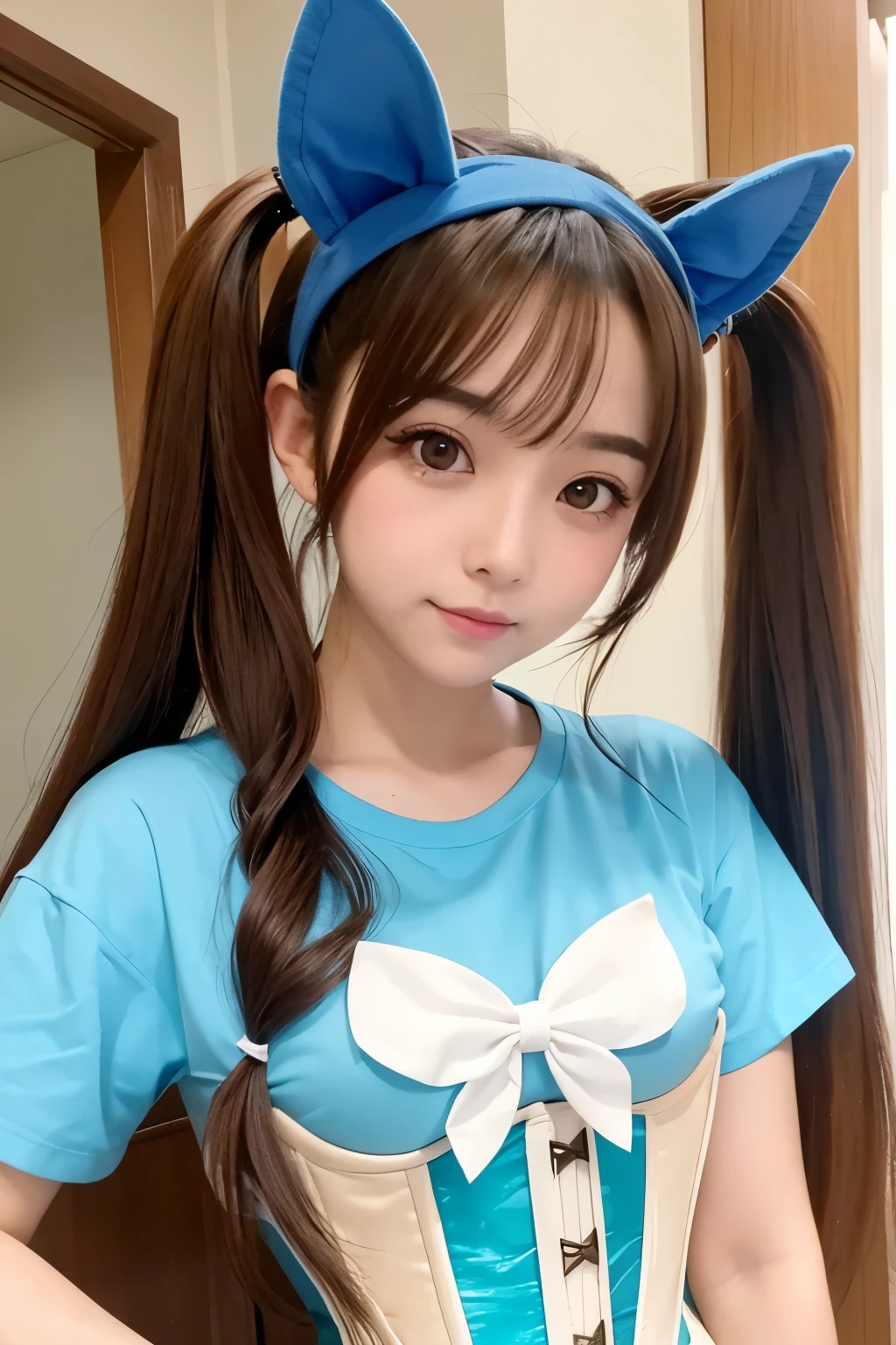 anime,Dog ears, Round eyebrows, 薄いbrown_Long Hair_Twin tails, pretty girl, light blue_T-Shirts, brown_Large corset, sexy