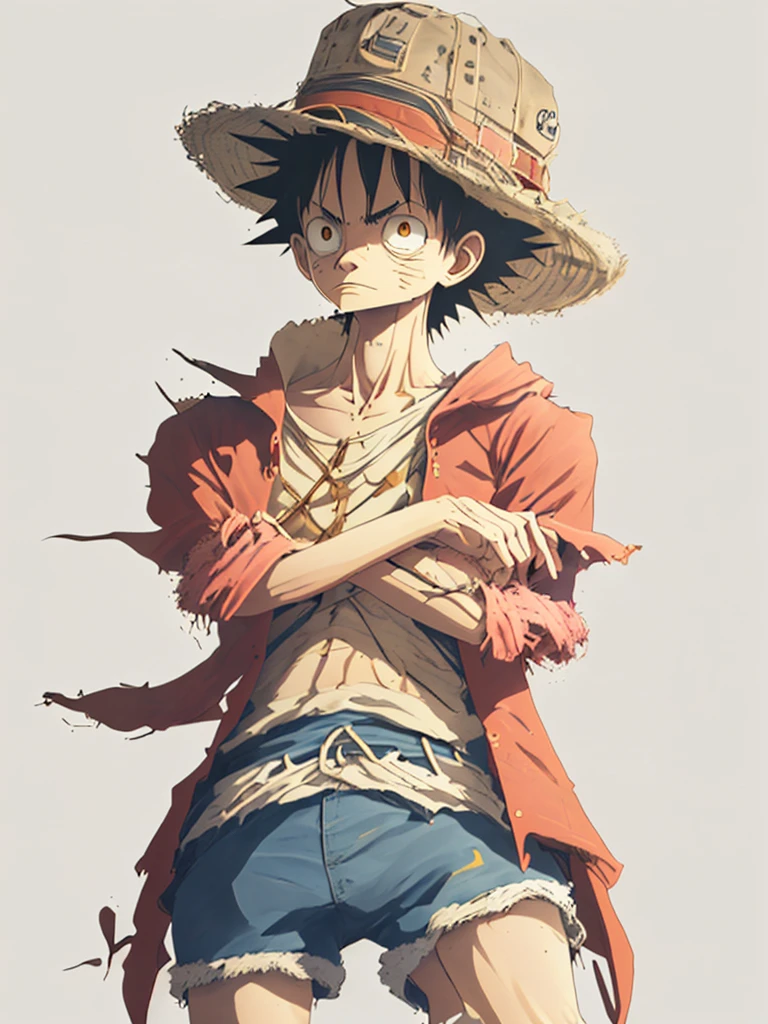 Create an image of Monkey D. Luffy, the protagonist of "One Piece." He is a 19-year-old pirate captain with a lean, muscular build, lightly tanned skin, and messy black hair. His expressive black eyes should convey his cheerful and carefree nature. Luffy is wearing his iconic wide-brimmed straw hat with a red band, a red open-buttoned vest or sleeveless shirt, blue knee-length shorts with a frayed hem, and simple brown sandals. He has a yellow sash tied around his waist and a distinctive scar under his left eye.