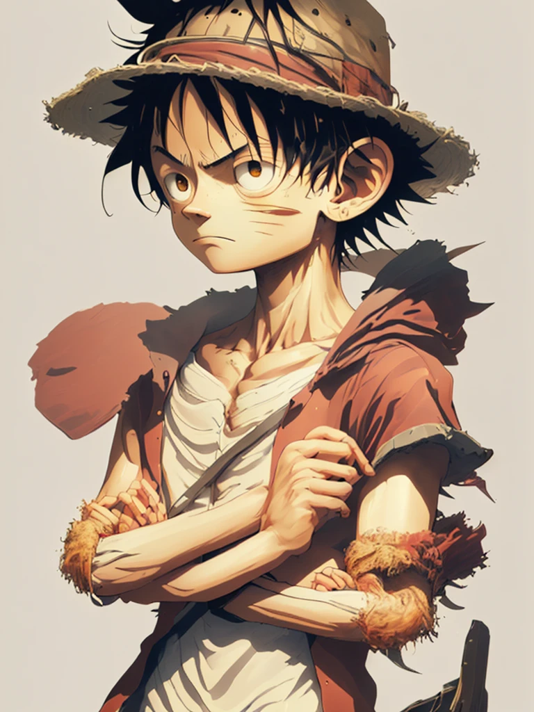 Create an image of Monkey D. Luffy, the protagonist of "One Piece." He is a 19-year-old pirate captain with a lean, muscular build, lightly tanned skin, and messy black hair. His expressive black eyes should convey his cheerful and carefree nature. Luffy is wearing his iconic wide-brimmed straw hat with a red band, a red open-buttoned vest or sleeveless shirt, blue knee-length shorts with a frayed hem, and simple brown sandals. He has a yellow sash tied around his waist and a distinctive scar under his left eye.