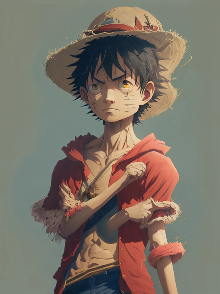 Create an image of ey D. Luffy, the protagonist of "One Piece." He is a 19-year-old pirate captain with a lean, muscular build, lightly tanned skin, and messy black hair. His expressive black eyes should convey his cheerful and carefree nature. Luffy is wearing his iconic wide-brimmed straw hat with a red band, a red open-butt vest or sleeveless shirt, blue knee-length shorts with a frayed hem, and simple brown sandals. He has a yellow sash tied around his waist and a distinctive scar under his left eye.