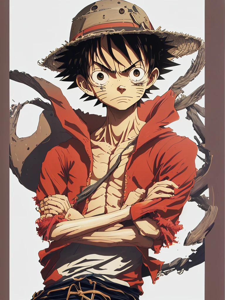 Create an image of Monkey D. Luffy, the protagonist of "One Piece." He is a 19-year-old pirate captain with a lean, muscular build, lightly tanned skin, and messy black hair. His expressive black eyes should convey his cheerful and carefree nature. Luffy is wearing his iconic wide-brimmed straw hat with a red band, a red open-buttoned vest or sleeveless shirt, blue knee-length shorts with a frayed hem, and simple brown sandals. He has a yellow sash tied around his waist and a distinctive scar under his left eye.