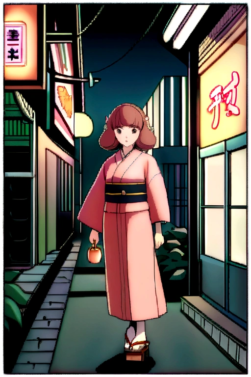 Showa era retro girl, (1960s Japanese street scene:1.2), cute young woman in vintage kimono, (colorful floral pattern:1.1), traditional wooden geta sandals, retro hairstyle with decorative hair clip, (neon signs and old shop fronts in background:1.3), warm nostalgic lighting, film grain effect, (Hayao Miyazaki style:0.8), highly detailed, 8k resolution, cinematic composition