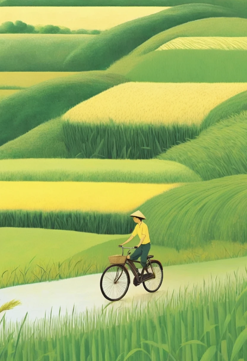 A beautiful illustration, Endless rice fields, half yellow half green, a boy riding a bicycle, Will Barnett (Will Barnet) modeling, Attached are 50D movie stills, Idyllic, Rural, panoramic,