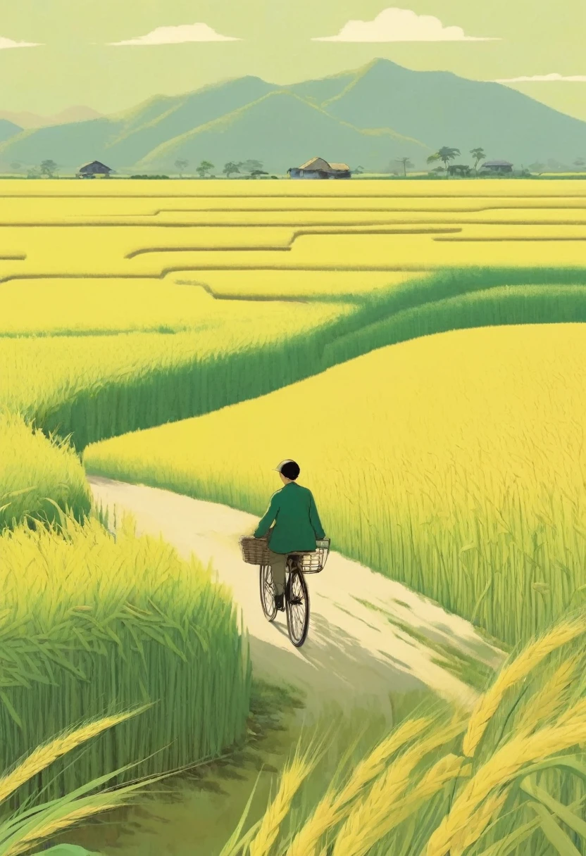 A beautiful illustration, Endless rice fields, half yellow half green, a boy riding a bicycle, Will Barnett (Will Barnet) modeling, Attached are 50D movie stills, Idyllic, Rural, panoramic,
