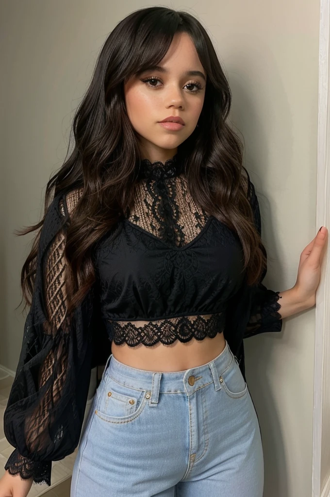 jenna_ortega wearing lacy crop top, long hair,
upper body, solid wall background,
