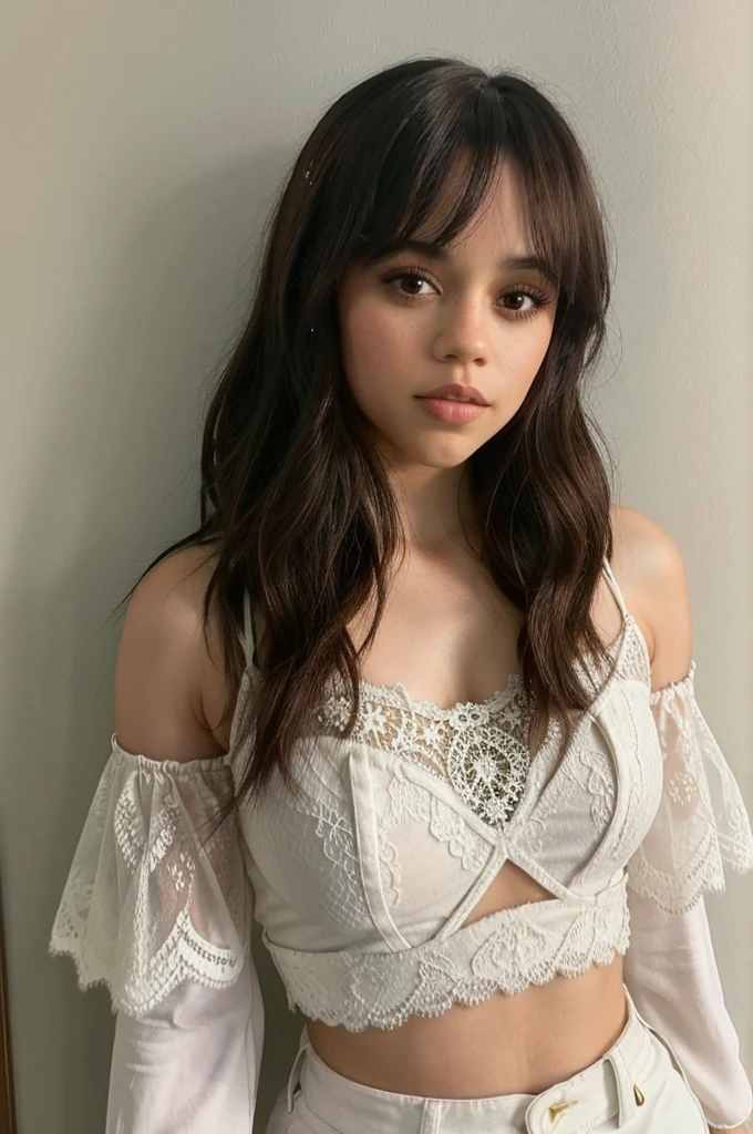 jenna_ortega wearing lacy crop top, long hair,
upper body, solid wall background,