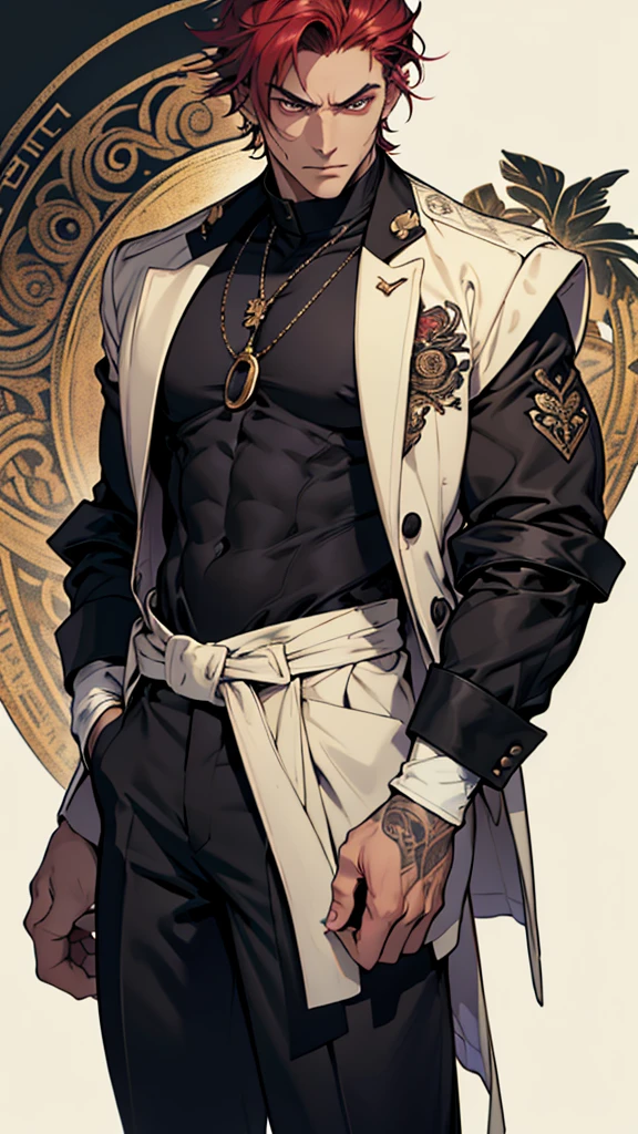 Gender: Male Age: 45 Height: 190 cm Age: 45 Height: 193 cm Personality: Very likely to take extreme measures, act decisively and fearlessly; naturally decisive and ruthless; tends to take responsibility; exudes a dangerous aura and does not easily show emotions; likes physical confrontation; has a very mature mentality; Appearance: ivory skin, well-proportioned figure, handsome face, bright eyes: Ivory skin, strong physique, garnet eyes, espresso-colored hair, prominent eyebrows, and intricate and detailed vintage gun tattoos on his arms. He usually wears black clothes, including black jackets, pants and gloves, and has a stern face.