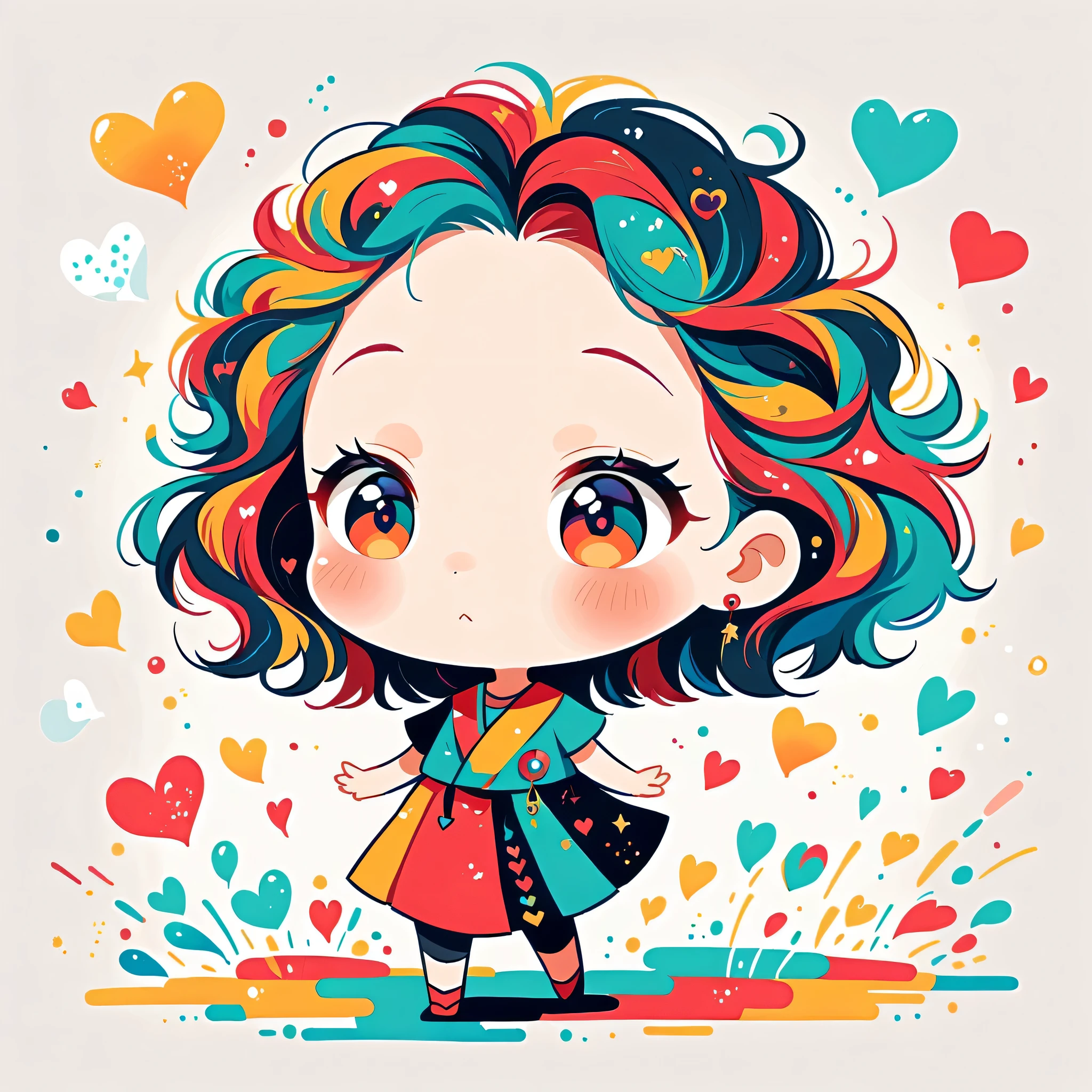 Black Star Red and White style, Simple Line Initialism,Abstract art,Urban Background, colorful hearts ,(((The most beautiful girl of all time))), (((chibi))), walking with Cute amoeba
