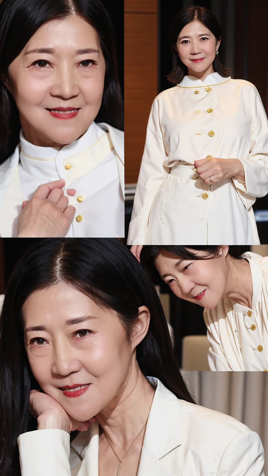 60-year-old female， Soft headlight，High-density imaging，（Clean and delicate face），((Looking to the side))，((White suit))，((Various dynamic poses))，((((Half-length photo))))，((White curtains in the background))，best quality，masterpiece，（Soft colors：1.2）