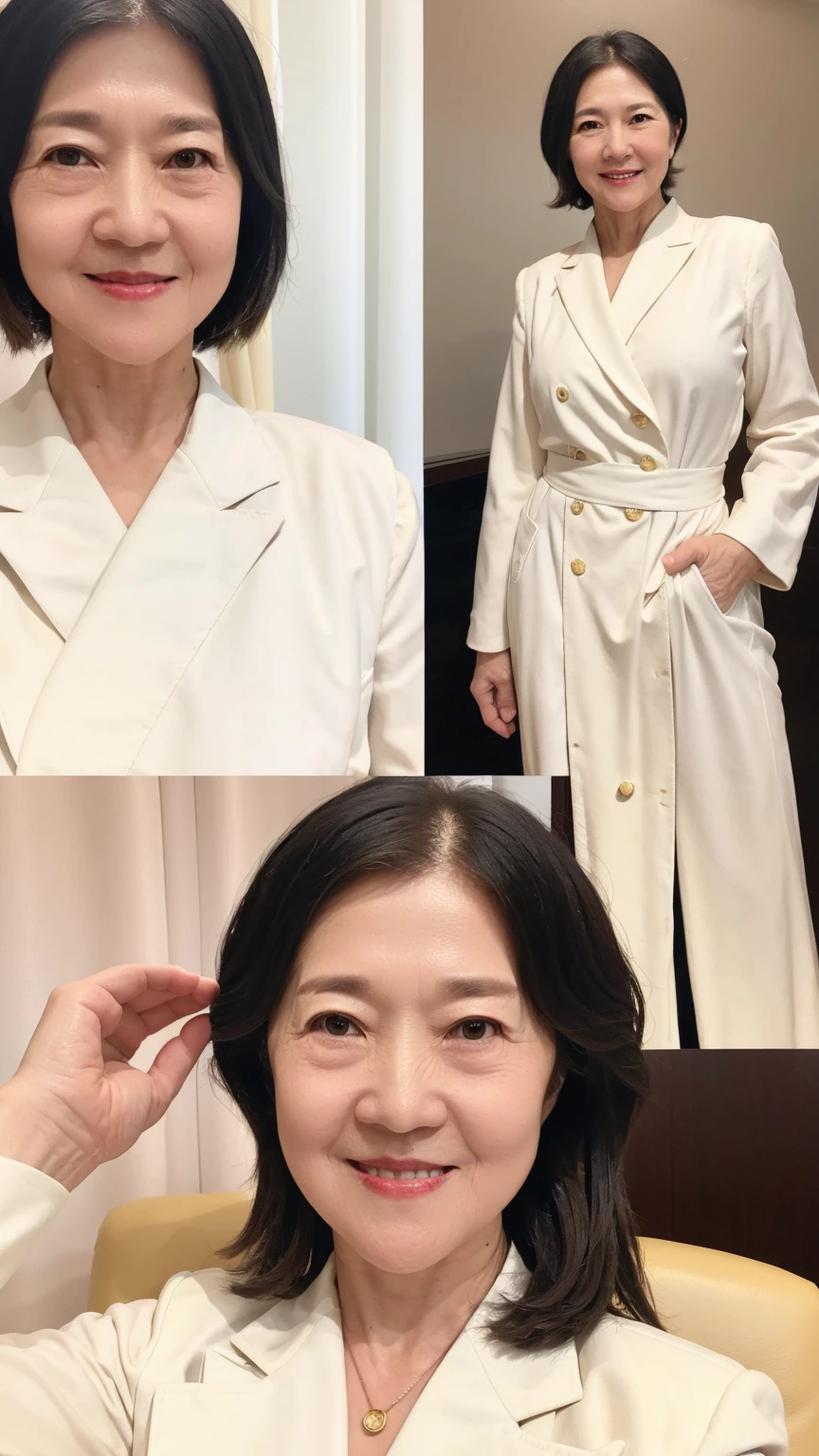 60-year-old female， Soft headlight，High-density imaging，（Clean and delicate face），((Looking to the side))，((White suit))，((Various dynamic poses))，((((Half-length photo))))，((White curtains in the background))，best quality，masterpiece，（Soft colors：1.2）