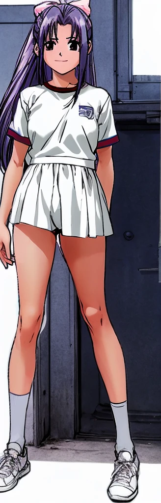 Momoko Koigakubo, a tall girl with beautiful legs, is wearing white gym clothes and light navy blue bloomers that look like panties, and is standing with her legs spread to the sides, smiling and with her mouth open.。