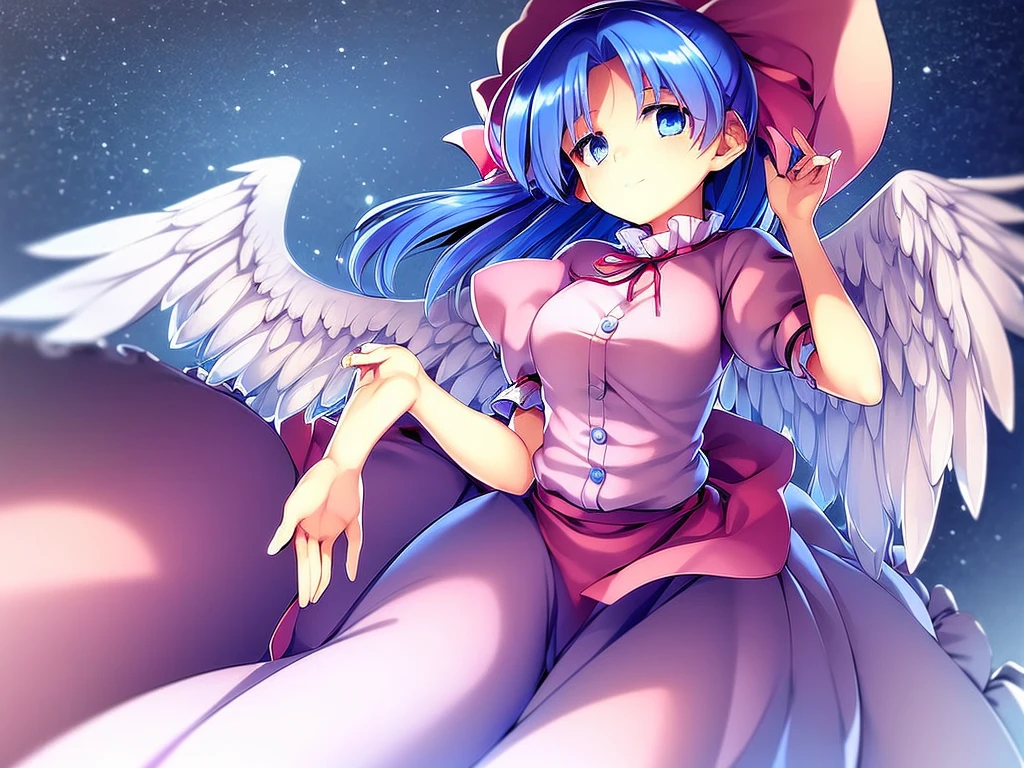 masterpiece, best quality, 1girl, , , 10 years old, medium blue hair, hair flaps, pink ribbon on head, well-formed face, blue eyes, angel girl, white blouse, puffy short sleeves, red ribbon, angel wings, long white skirt, red shoes, frills, hair ribbon