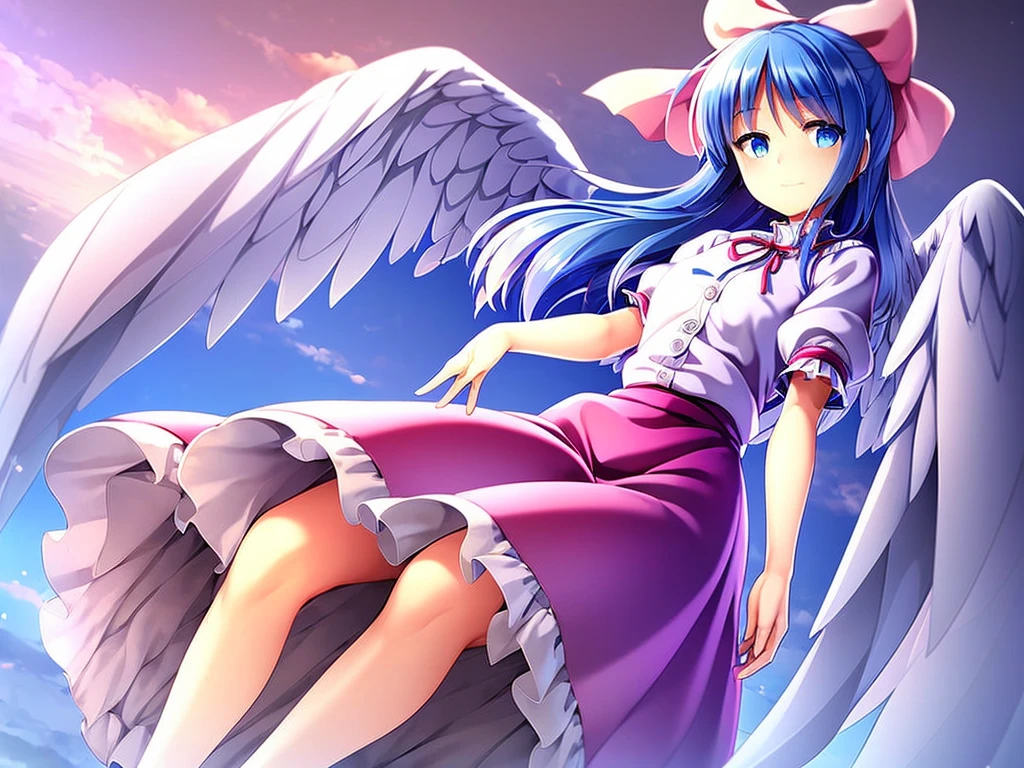 masterpiece, best quality, 1girl, , , , medium blue hair, hair flaps, pink ribbon on head, well-formed face, blue eyes, angel girl, white blouse, puffy short sleeves, red ribbon, angel wings, long white skirt, red shoes, frills, hair ribbon