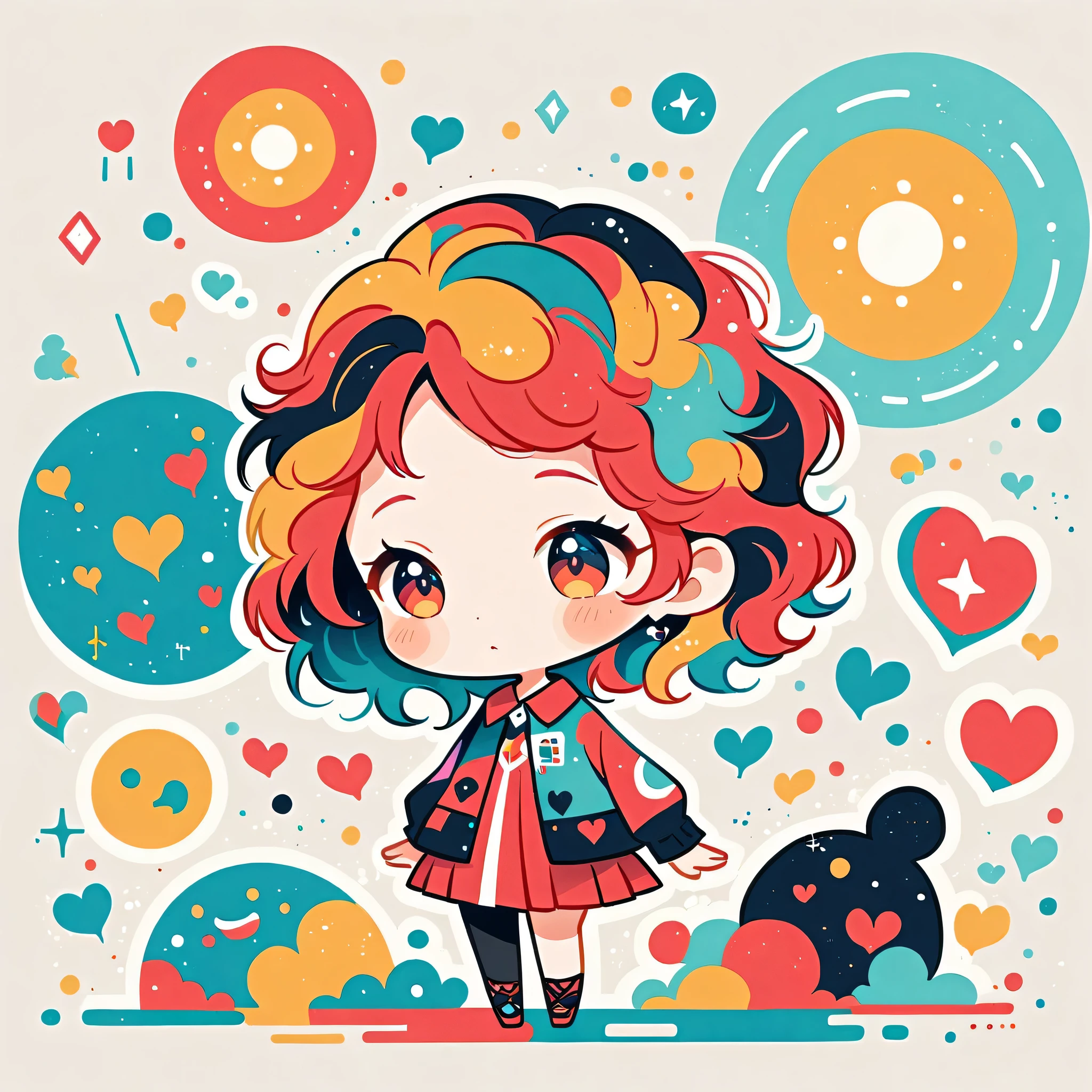Black Star Red and White style, Simple Line Initialism,Abstract art,Urban Background, colorful hearts ,(((The most beautiful girl of all time))), (((chibi))), walking with Cute amoeba. Rain