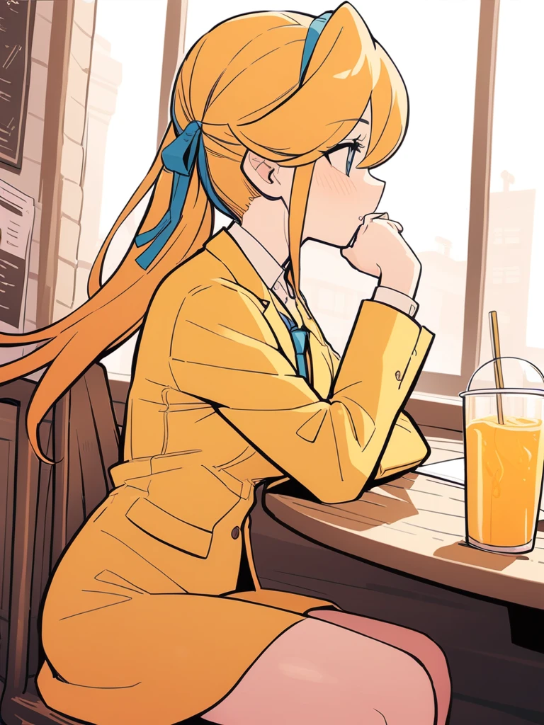 Archikes, Hair Ribbon, 
tie, Yellow Jacket, Yellow Skirt,
One girl, Cafe, orange juice, straw,
masterpiece, Highest quality