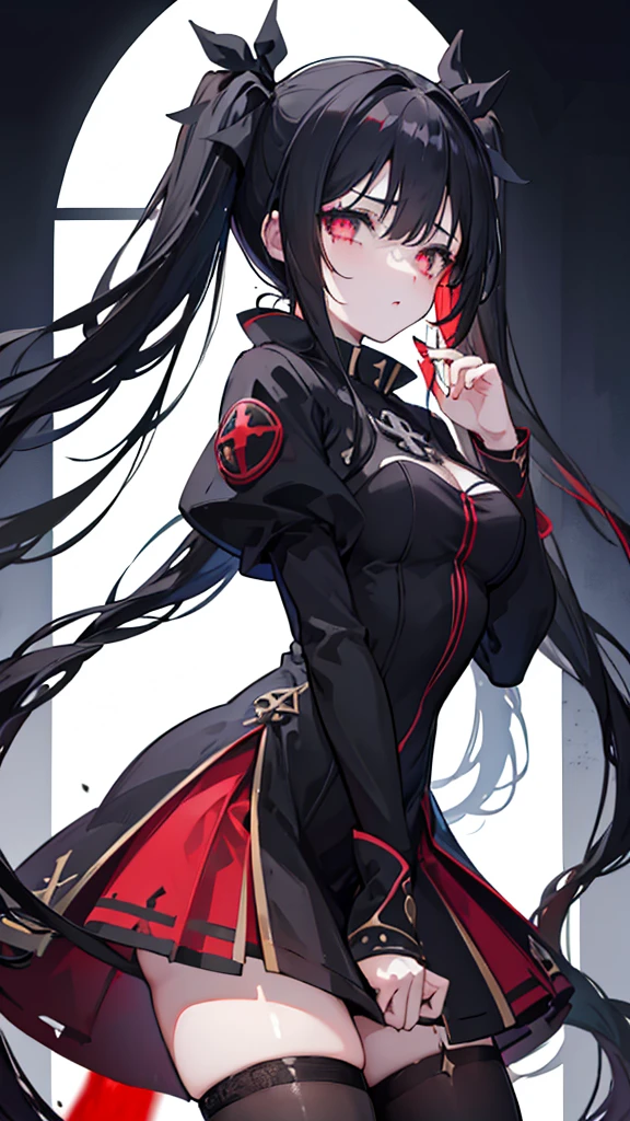 1 girl ,(big Stigmata) , ruined church, bloody rosary , (floating hair, floating skirt), ((blood sea)),from side, character focus, ((black light)),((dark lighting)), cinematic lighting ,(darkness), (concept art), ((rape face)) ,black long straight hair, black hair, pigtail hairstyles, long straight pigtails, hair ribbon , red eyes color, short black dress, tight black dress, absolute territory, thigh high socks, (glowing eyes), high resolution,(incredibly absurdres) ,extremely detailed CG unity 8k wallpaper, ((masterpiece)), ((top-quality)), (beautiful illustration), ((an extremely delicate and beautiful)), (masterpiece, Best quality, ultra high resolution), Black hair, pale skin, Black Crown, red eyes, Luminous_eyes, neon eyes, ultra detailed eyes, Beautiful and detailed face, detailed eyes, (Centered, torso), (tears), (wide shot:0.9), facing the viewer, Eye levell
