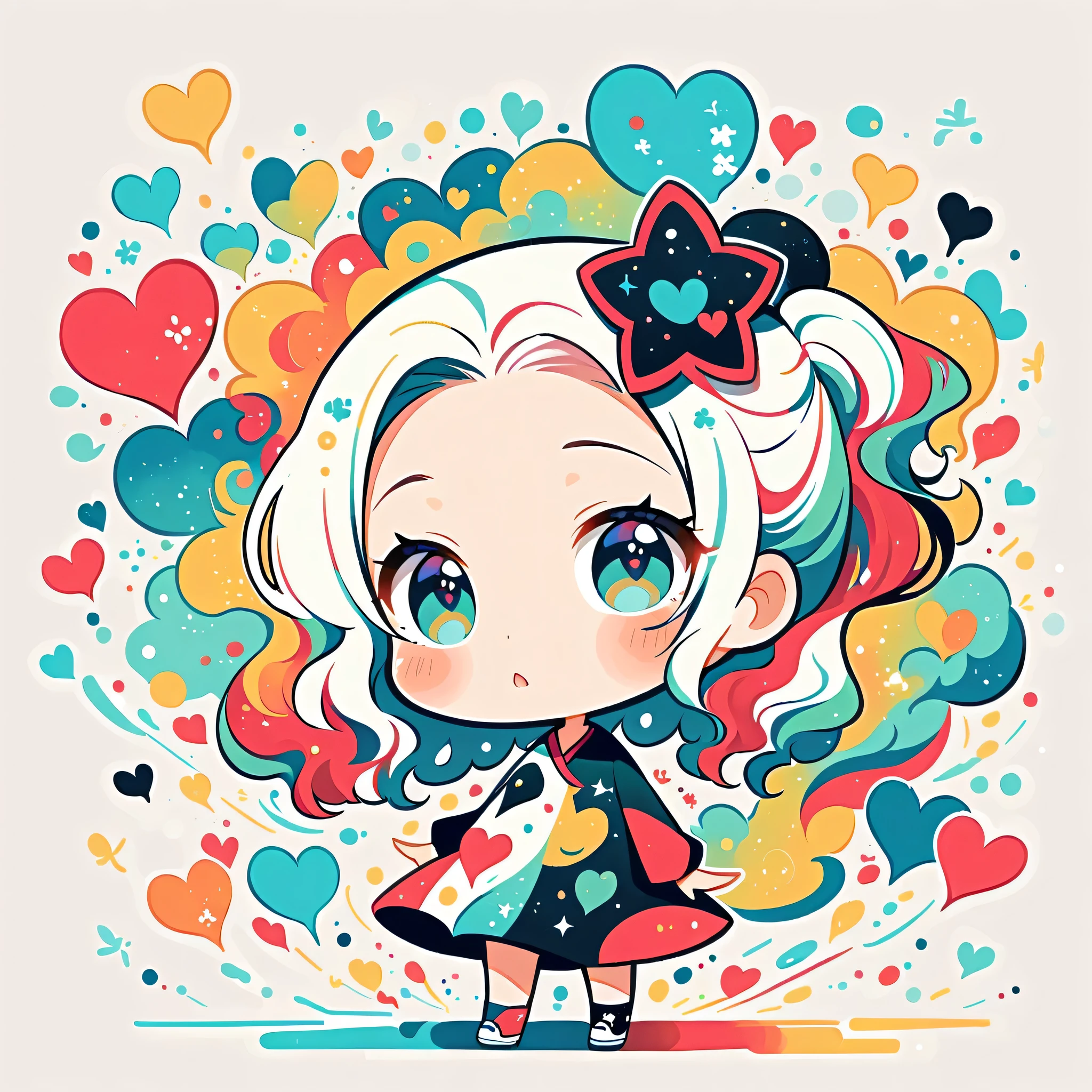 Black Star Red and White style, Simple Line Initialism,Abstract art,Urban Background, colorful hearts ,(((The most beautiful girl of all time))), (((chibi))), walking with Cute amoeba. Rain